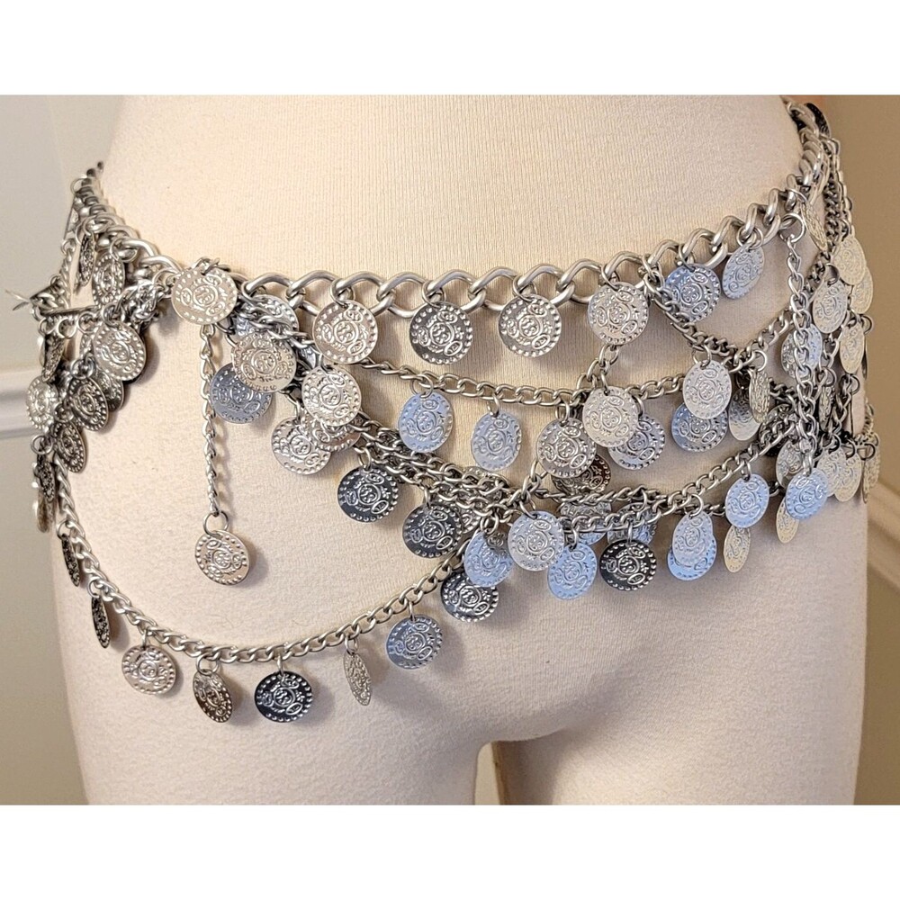 Belly Dance Coin Belt Silver Tone Metal Adjustable Faux Coins 2 Hooks Costume